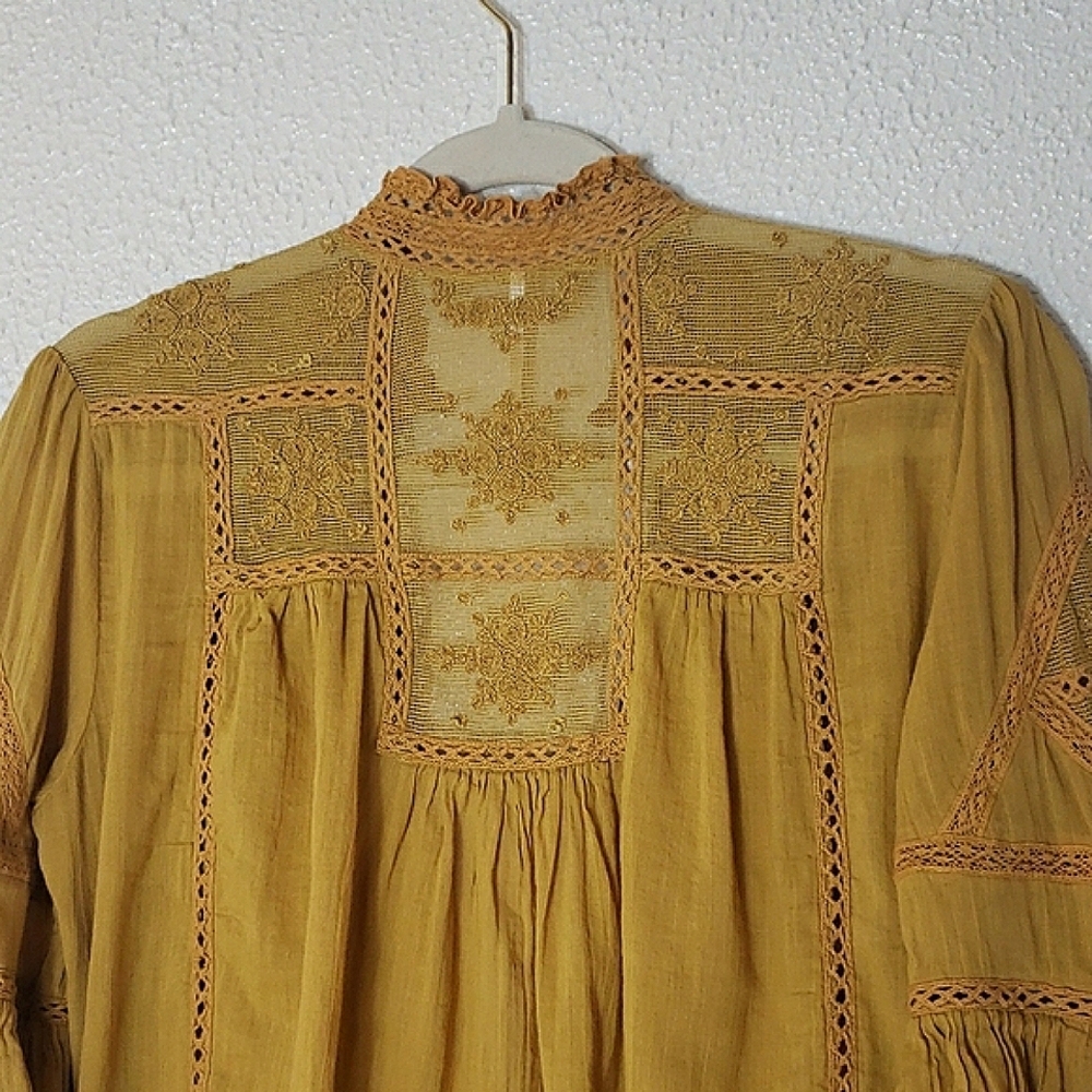 Free People Mustard Crop Top Tie Front 3/4 Bell Sleeves Lace Mesh Cotton Size S - Picture 11 of 16